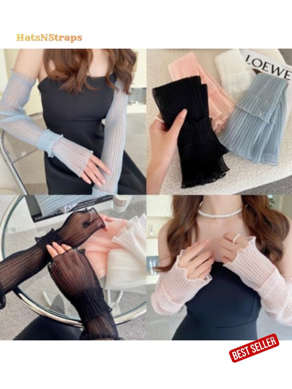 Lace Mesh Ruched Ruffle Hem Arm Sleeves Sun Protection Fingerless - Picture 6 of 6